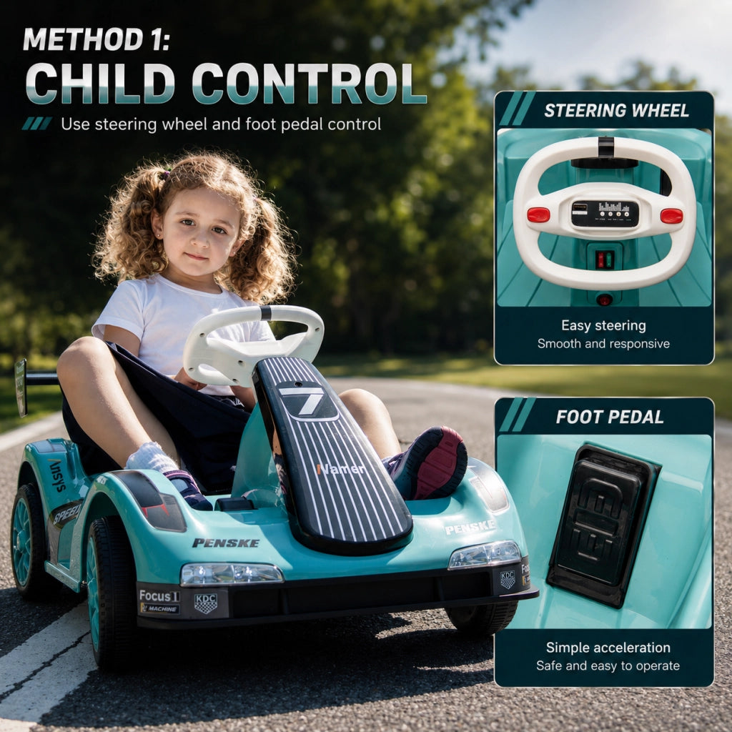 Go Kart Elettrico per Bambini 12V con Telecomando Macchina Cavalcabile a Batteria Verde con Musica e Luci LED 81x50.5x45 cm
