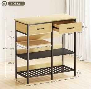 Credenza in legno naturale con 2 cassetti e 3 ripiani aperti 90x40x91 cm, stile industriale