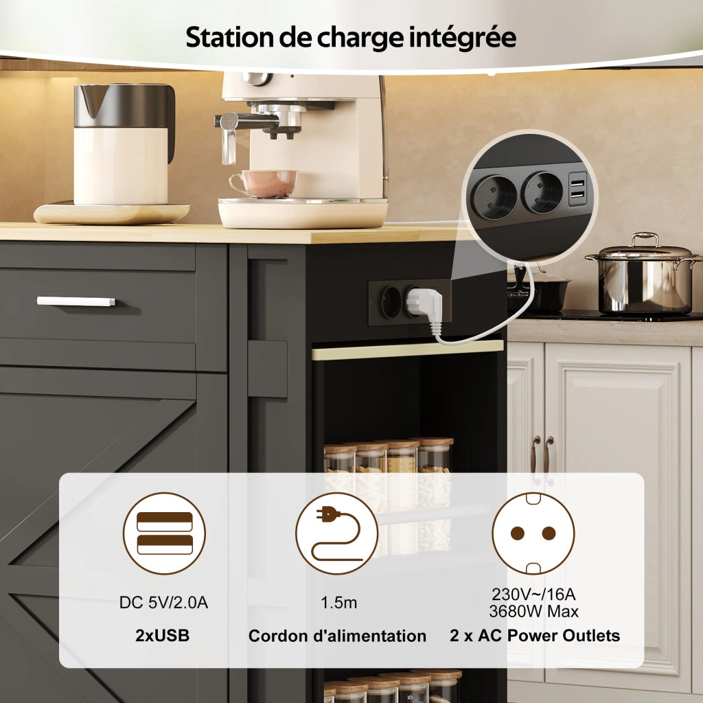 Mobile base da cucina con piano estraibile prese USB cassetti ruote e ripiano regolabile MDF nero naturale
