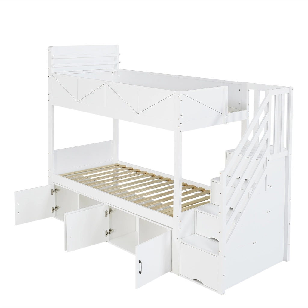 Letto a castello 90 × 200 cm 2 posti con scala contenitore, vani chiusi e ripiano libri, senza materasso, bianco