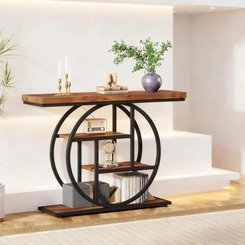 Consolle a 4 livelli in metallo e legno con piano spesso e piedini regolabili nero rustic brown 105 × 30 × 80 cm