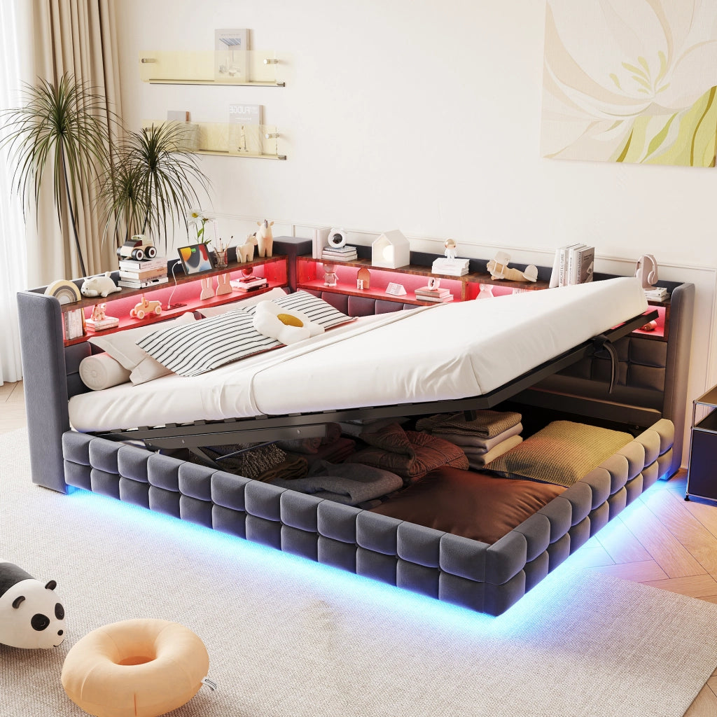 Divano letto multifunzionale in velluto grigio scuro 140x200 vano ripiano LED USB