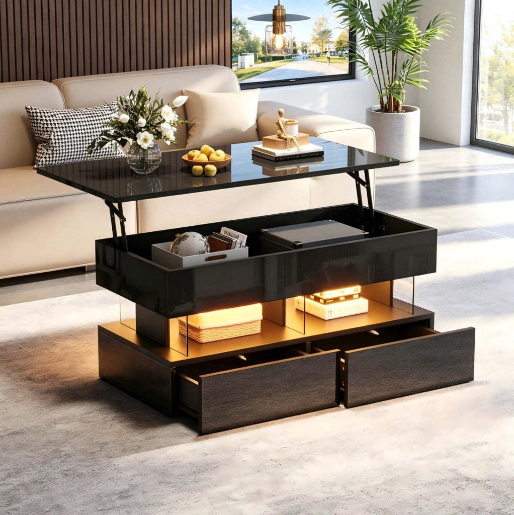 Tavolino da caffè nero 100x50x46 cm con piano sollevabile, 2 cassetti e LED controllabile via app