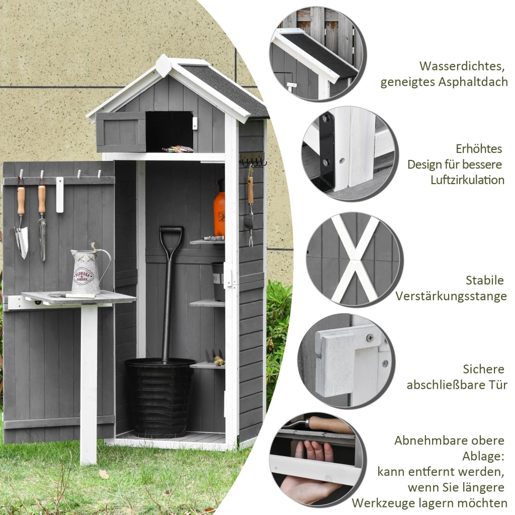 Armadio da giardino in legno grigio scuro con tavolo pieghevole ganci ripiani e tetto in asfalto per attrezzi