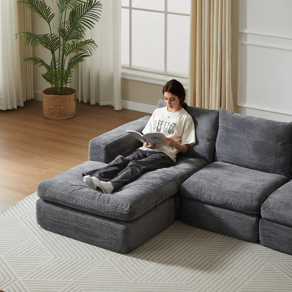 Divano Angolare con Chaise Longue in Velluto a Coste ¨C MINIMAL ¨C 3 Posti, Grigio