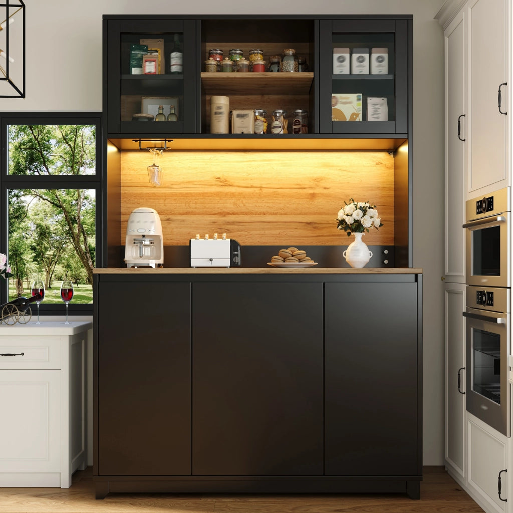 CREDENZA da Cucina 120x40x180 cm con LED e Ante in Acrilico Nera MDF Metallo