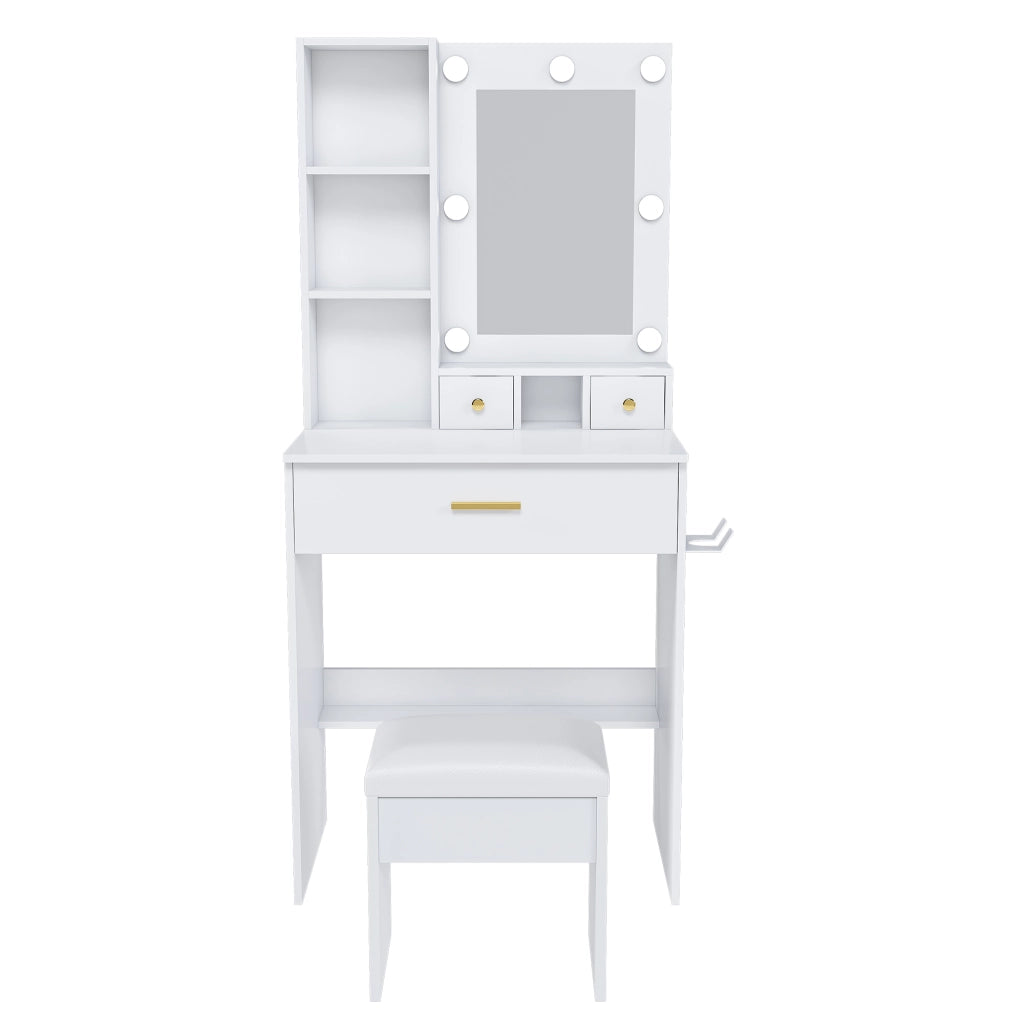 Set da toeletta con sgabello imbottito, specchio a LED, presa di corrente e cassetto, bianco