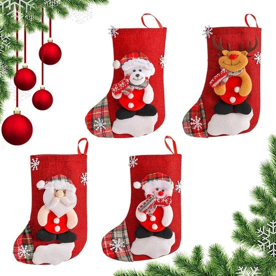 Set di 4 Calzettoni di Natale - Stivali di Natale Grandi - Decorazione per Caminetto - Rosso - Babbo Natale, Bambina di Neve, Cervo - Adatto per Albero di Natale, Muro...