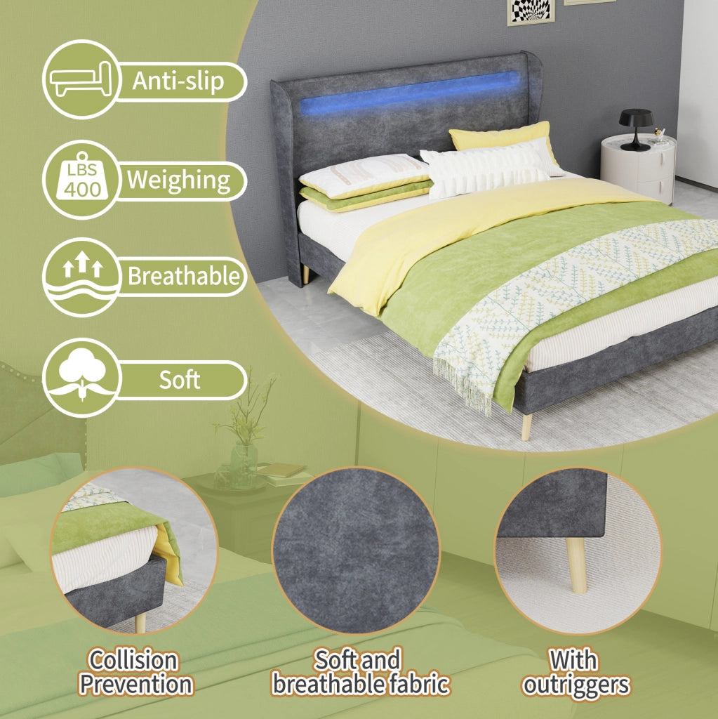Letto imbottito LED 140x200 cm grigio in tessuto e metallo