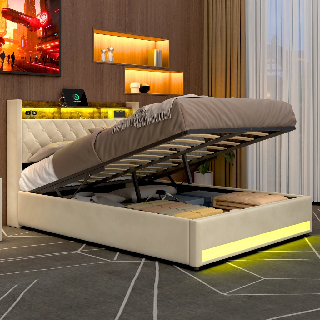 Letto contenitore 160x200 cm con LED; porte USB e prese; testiera con mensola; rete a doghe; velluto beige