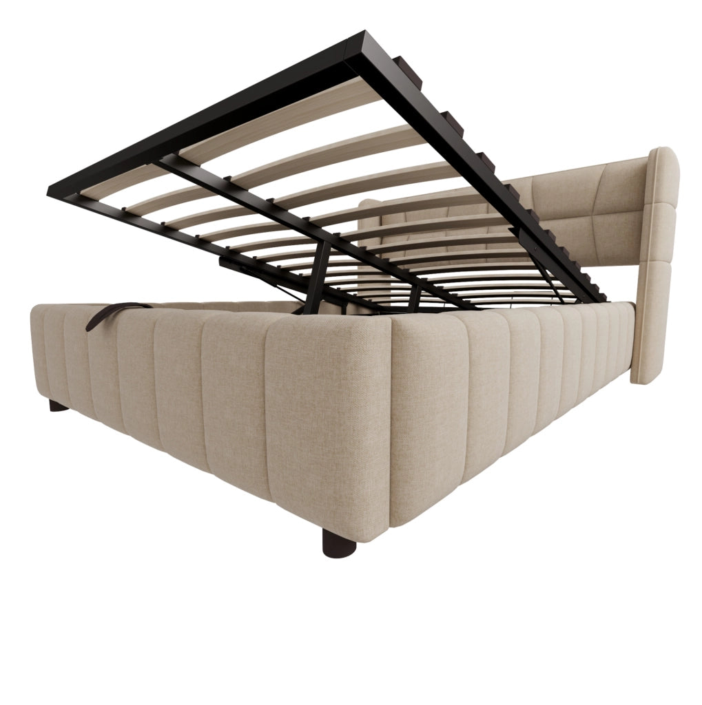 Letto imbottito 140x200 cm con contenitore e struttura in lino beige