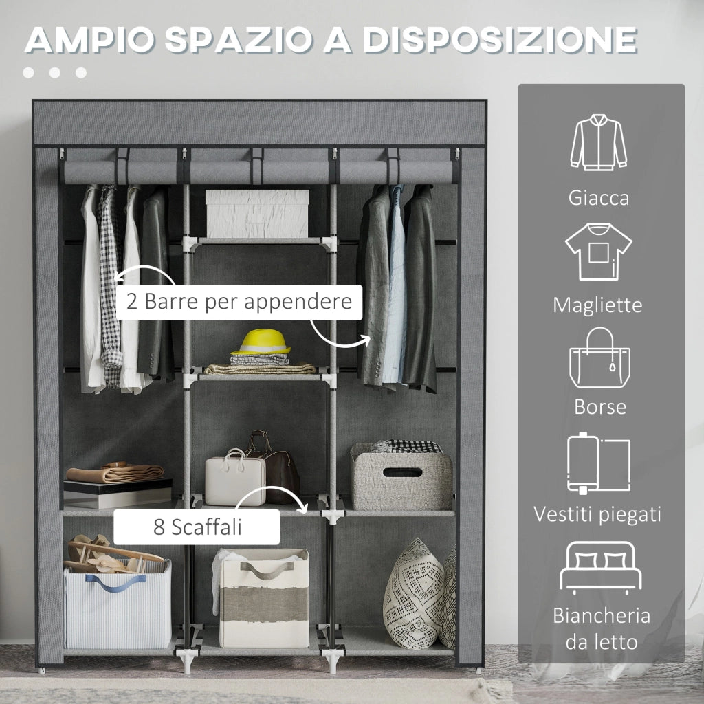 Armadio Guardaroba da Campeggio 125x43x162,5 cm con 8 Ripiani e 2 Barre Grigio Carbone