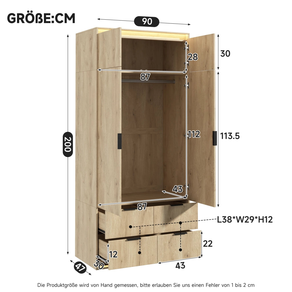 Armadio moderno con specchio e LED, 2 ante, 4 cassetti e asta appendiabiti, per camera da letto, in MDF rovere, 90 × 47 × 200 cm