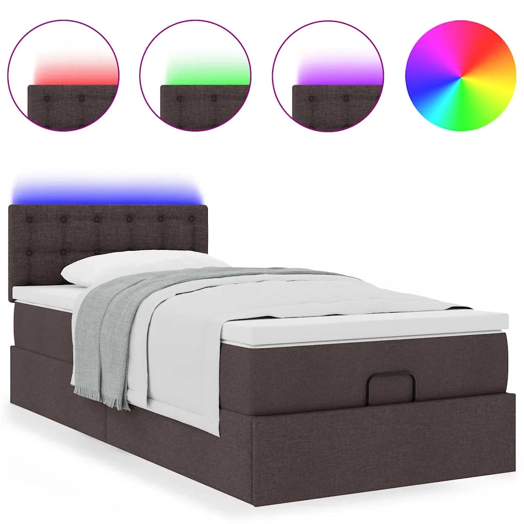 Pouf Letto con Materasso e LED Marrone Scuro 90x200 cm Tessuto
