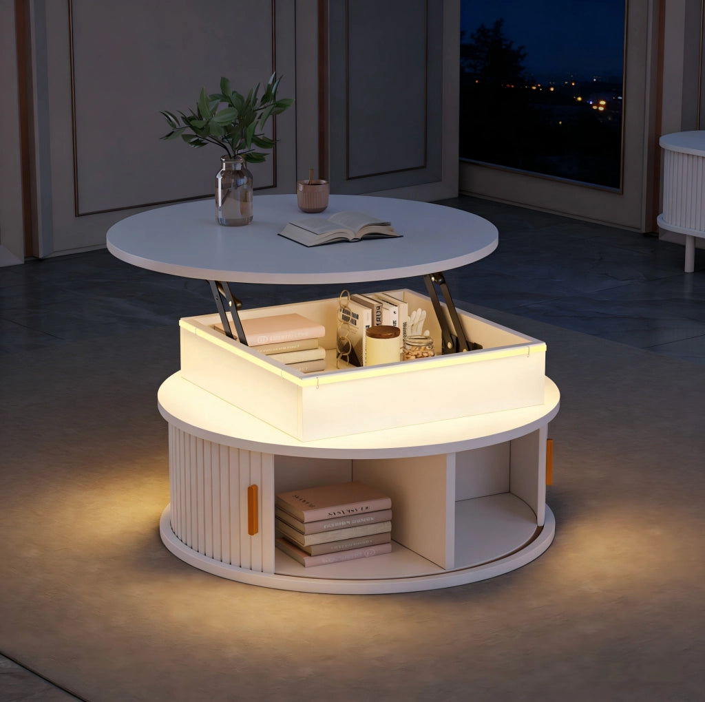Tavolino rotondo elevabile Ø75 cm con LED e vano contenitore