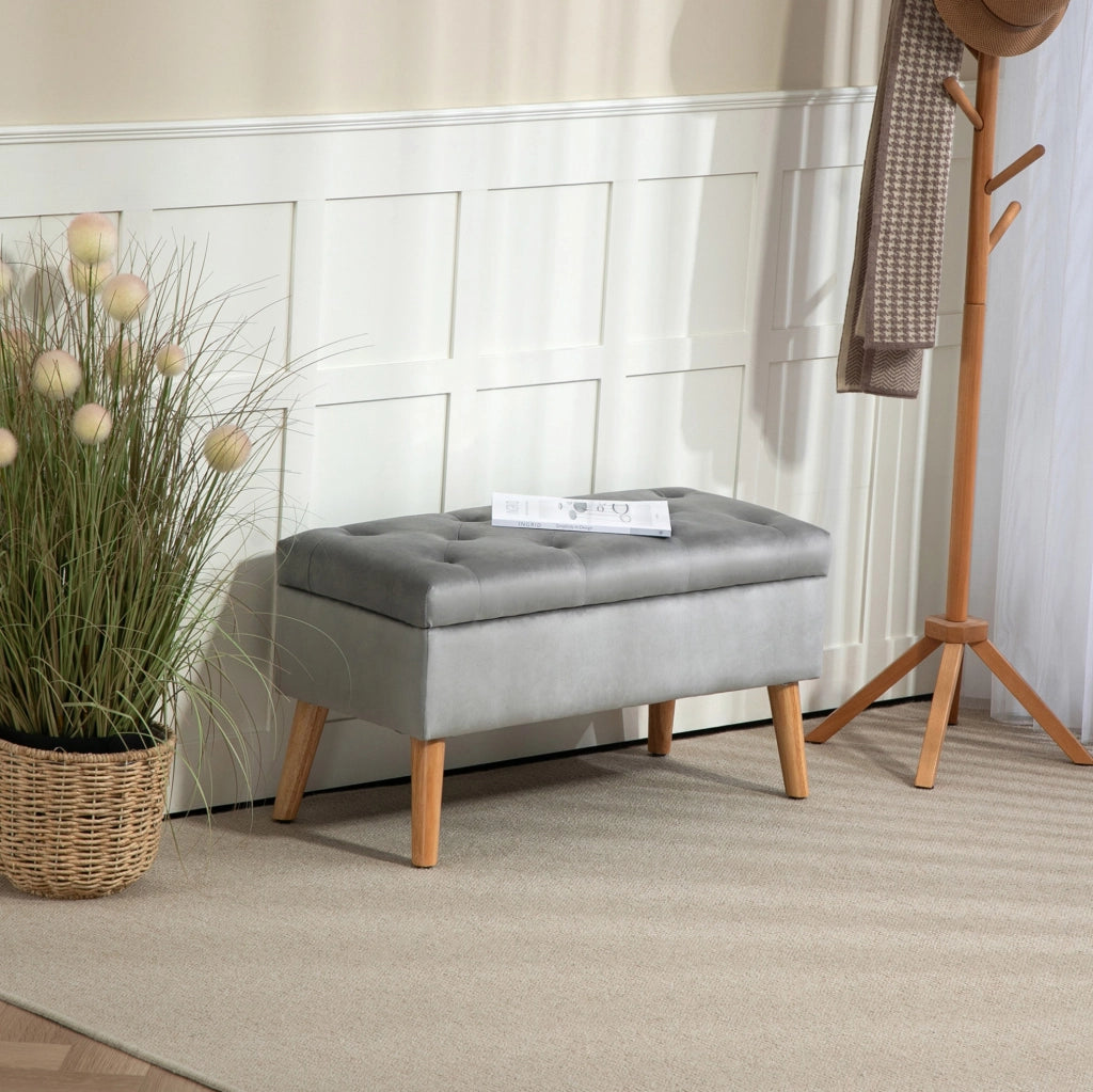 Panca con Contenitore in Tessuto Vellutato Grigio 102x35x43 cm con Gambe in Legno di Gomma