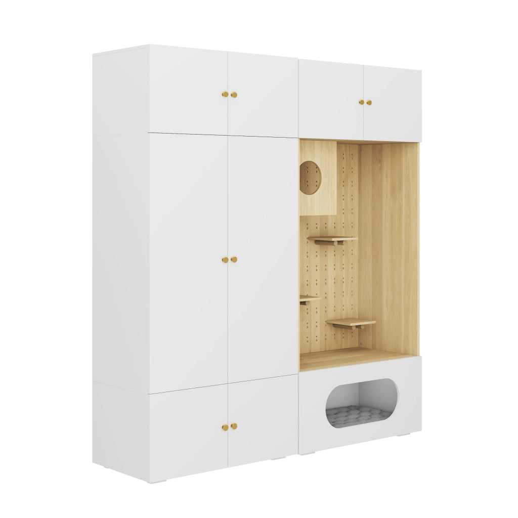 Armadio 2 in 1 con spazio per gatto e parete arrampicata 180x50x200 cm bianco effetto legno