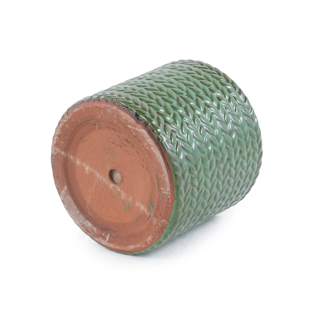 Vaso in ceramica Ø24,5 cm con smalto oliva lucido e motivo spina di pesce, per piante grasse e piante da interno