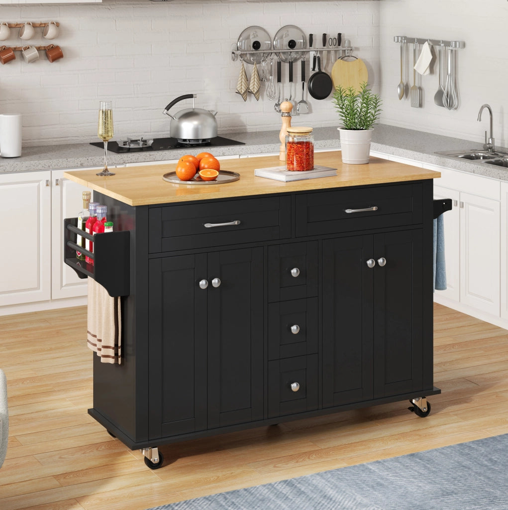 Carrello da cucina ULEVR 140x40(65)x89 cm con piano pieghevole, 5 cassetti e 2 armadietti, nero e naturale