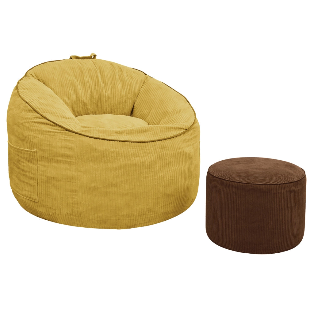 Poltrona sacco 103x95x80 cm gialla con tasca e poggiapiedi cilindrico in flanella