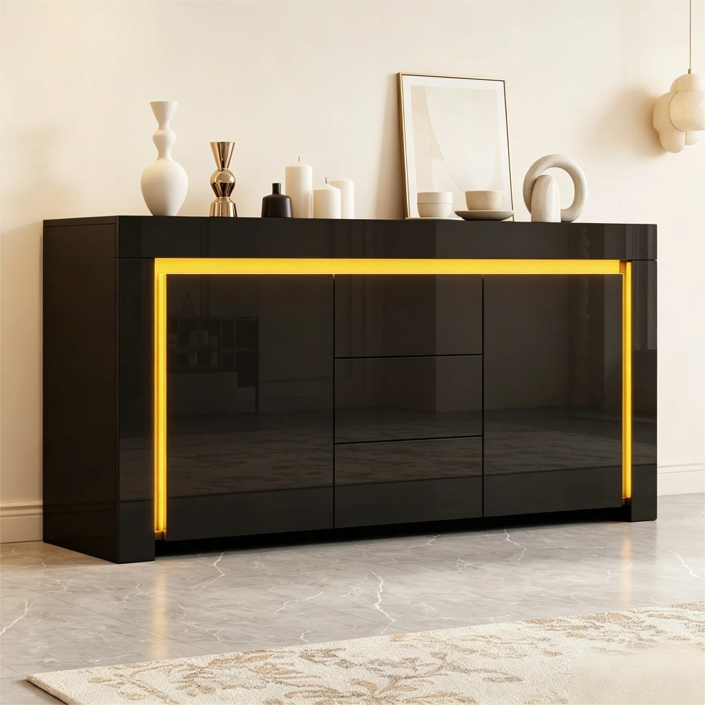 Mobile soggiorno moderno nero 140x40x65 cm, cassettiera con 3 cassetti e 2 ante, finitura lucida, striscia LED. Per corridoio, ufficio