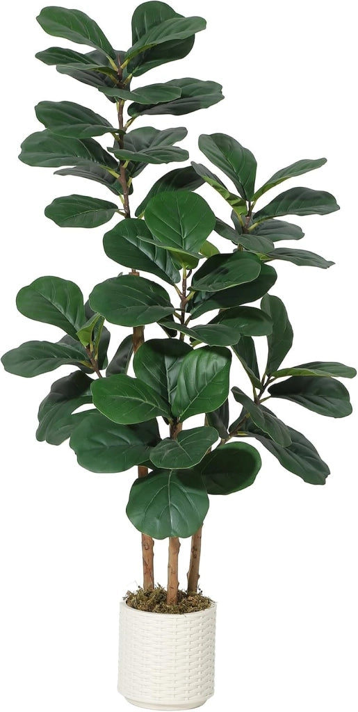 Ficus Lyrata Artificiale 120 cm con Tronco Naturale e Vaso Bianco per Camera e Ufficio