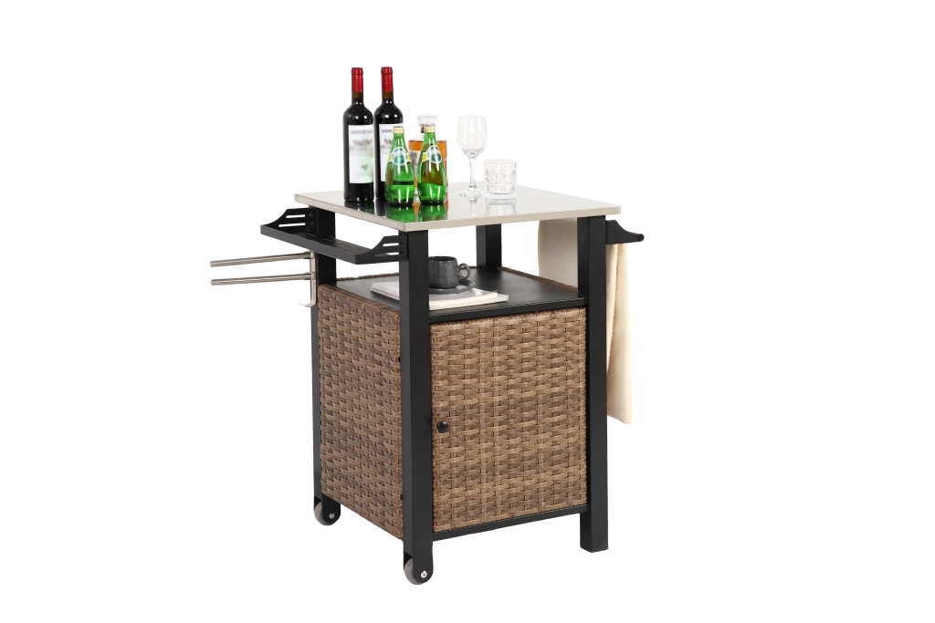 Carrello da cucina con ruote, anta, cassetto e ripiani, portabicchieri, per esterno, in acciaio e rattan, marrone