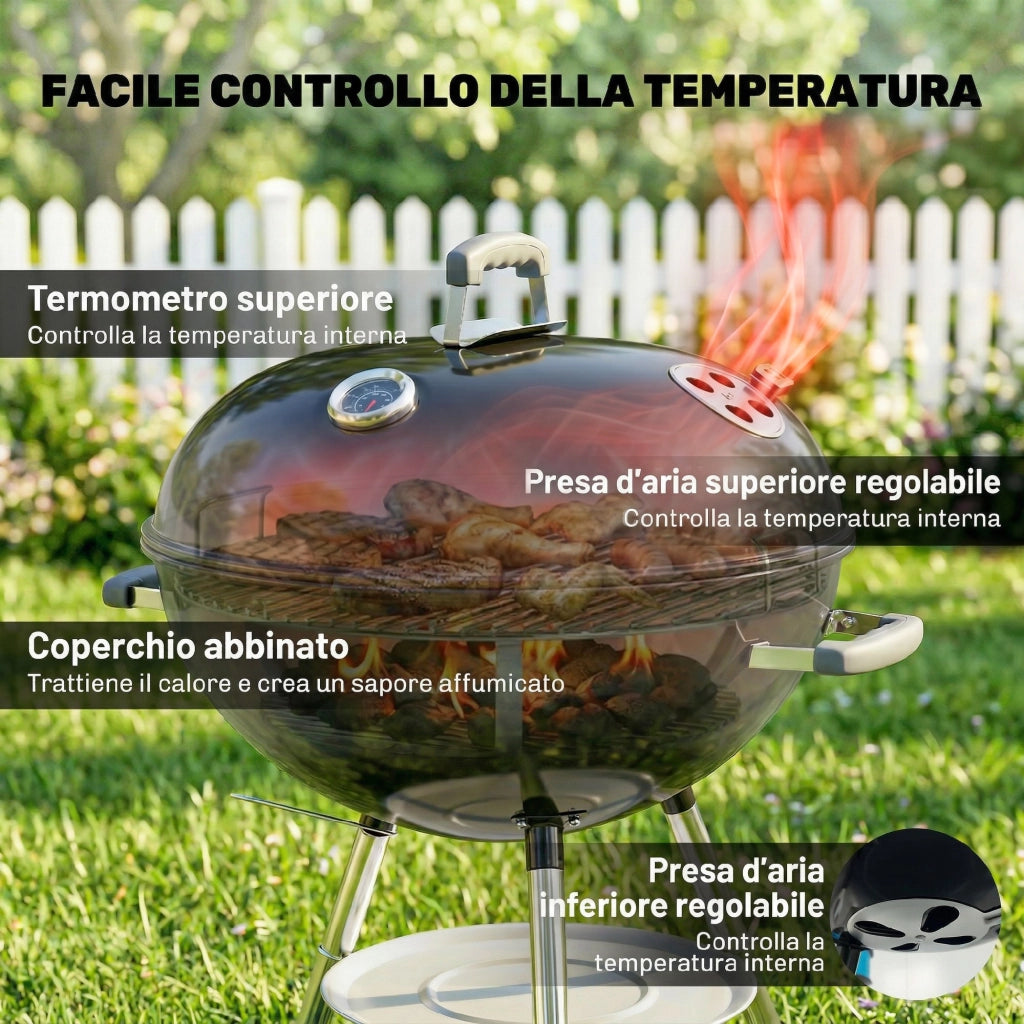 Barbecue a Carbone con griglia esterna rotonda, coperchio, termometro e ruote, Nero
