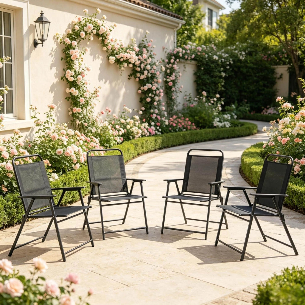 Set di 4 Sedie Pieghevoli da Giardino con Schienale Alto e Braccioli, Telaio in Acciaio Nero, 65x60x94 cm