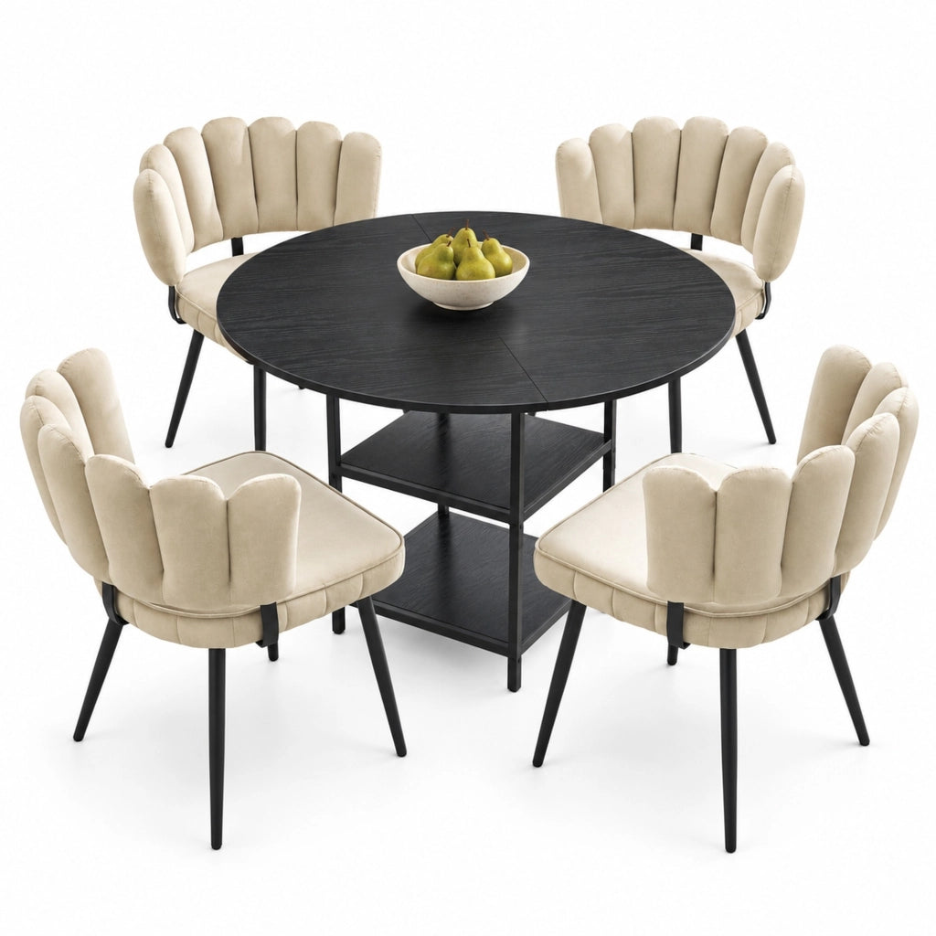 Set tavolo da pranzo rotondo Ø107 cm con 4 sedie in tessuto marrone chiaro HOMVRA