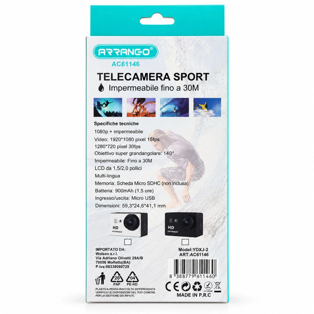TELECAMERA SPORT ACTION CAM FULL HD 1080P IMPERMEABILE LCD 2" 30M BLACK AC61146