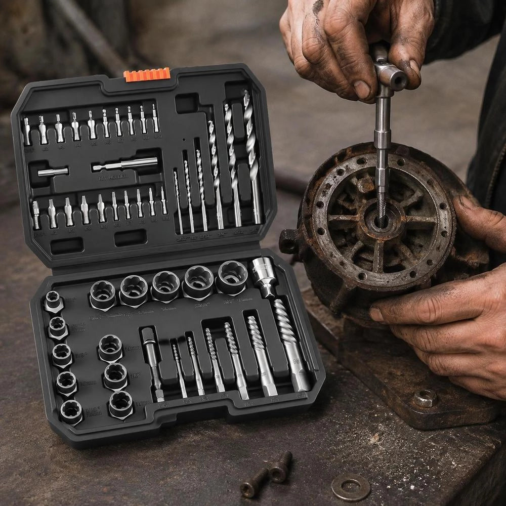 Estrattori per Bulloni Danneggiati 49 pezzi; Set di Bussole per Estrazione Dadi Rotti Utensili per Rimozione Bulloni; Acciaio Cr-Mo