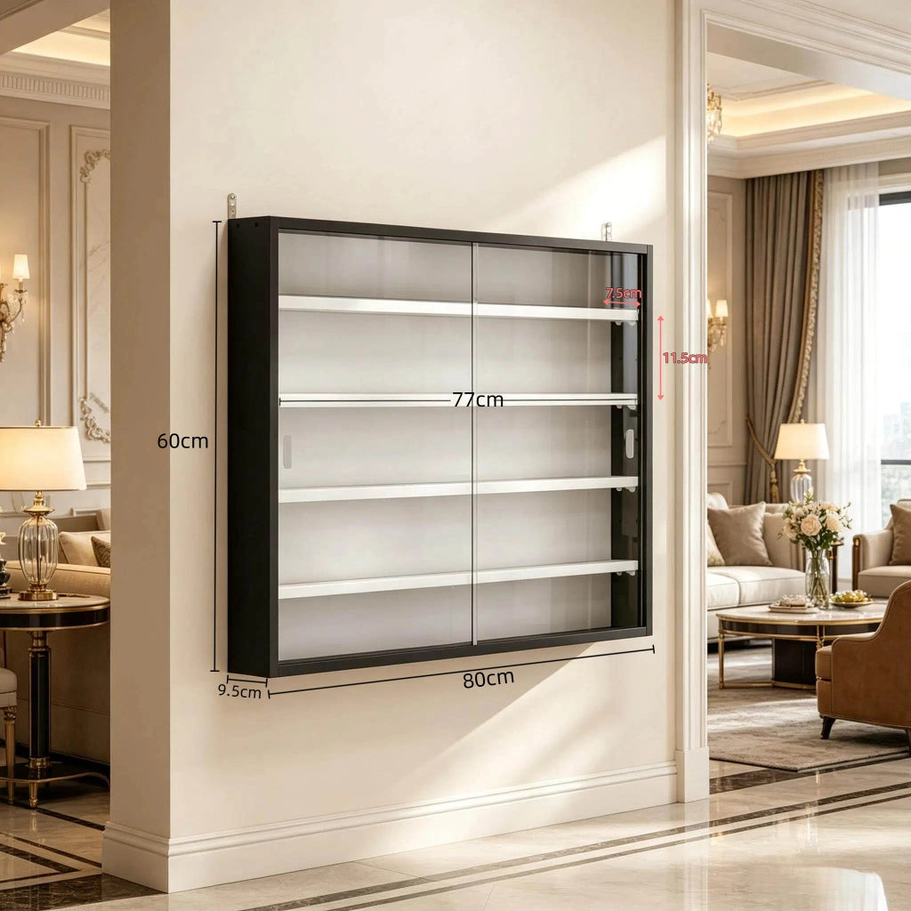 Vetrina da parete 80x9.5x60 cm con 4 ripiani regolabili in vetro e truciolare