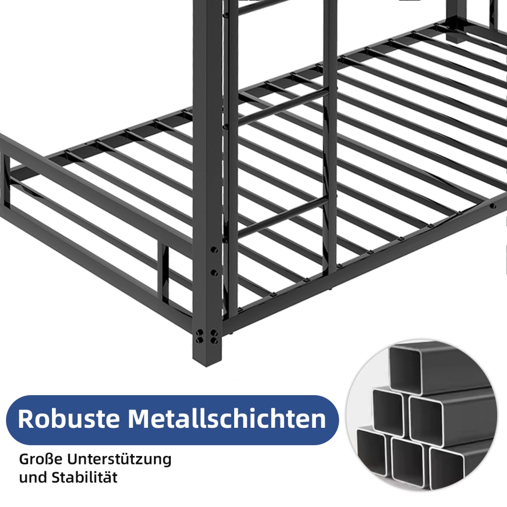 Letto a castello 2 posti 90 x 190 cm, struttura in metallo nero, scala 3 gradini e ringhiera, 200 kg per letto