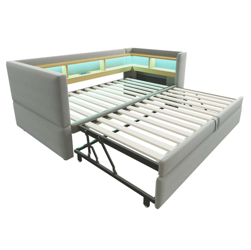 Divano letto estraibile 90/180x190 cm con LED, prese e vani in flanella grigio chiaro
