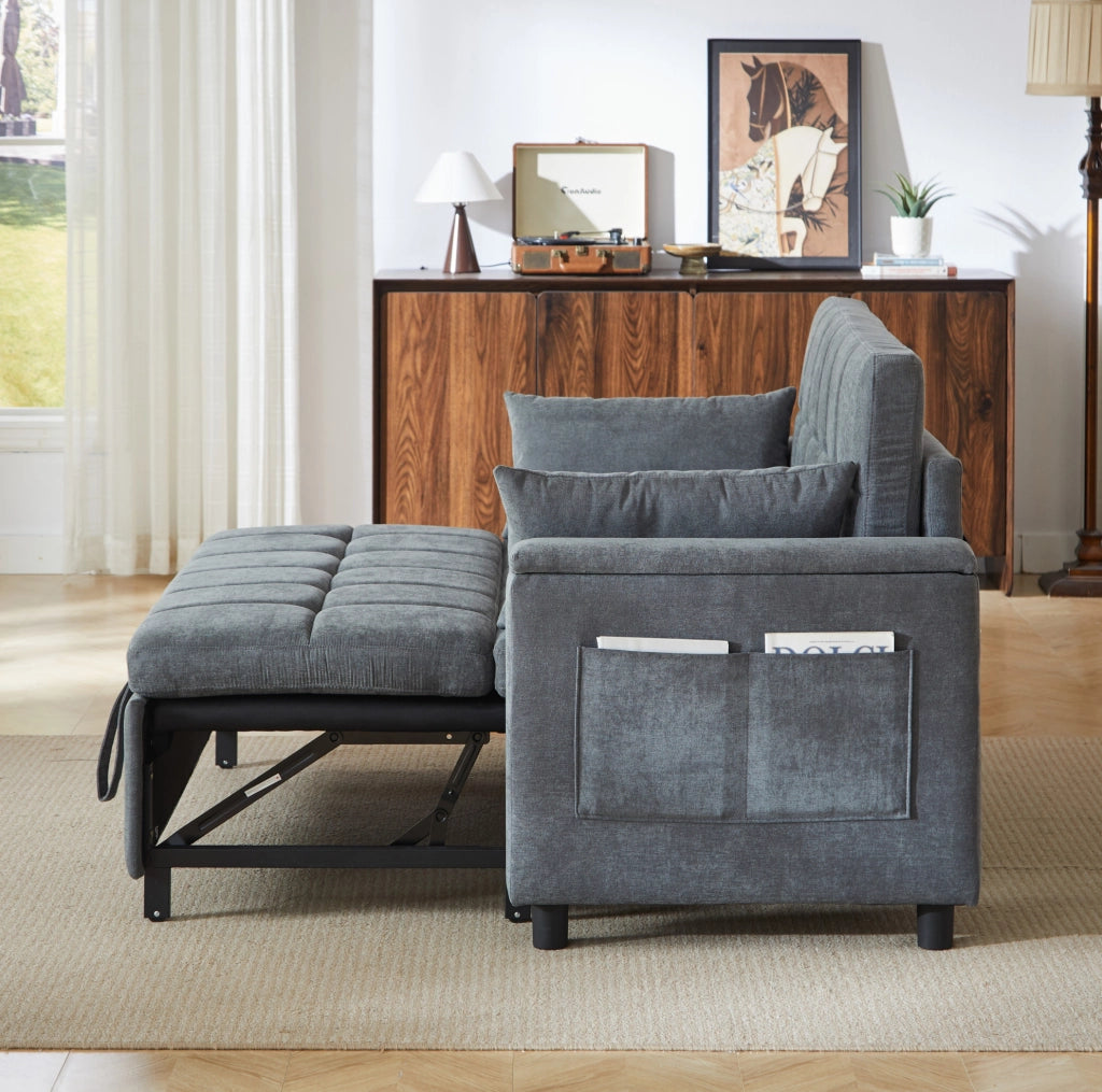 Divano letto 3 in 1 in ciniglia grigio con doppio contenitore e struttura metallica resistente