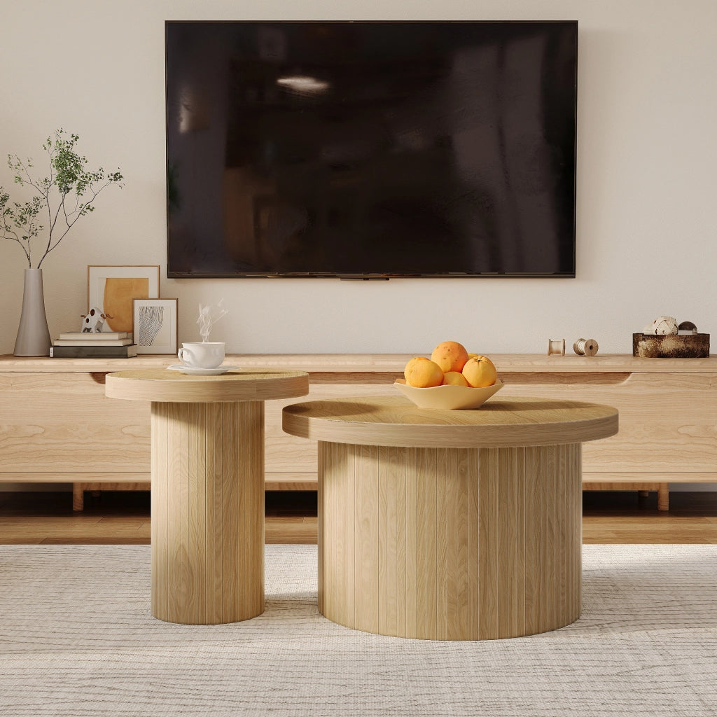 Tavolini da salotto impilabili modulari con struttura a doghe, stile naturale, in MDF, colore legno, per soggiorno
