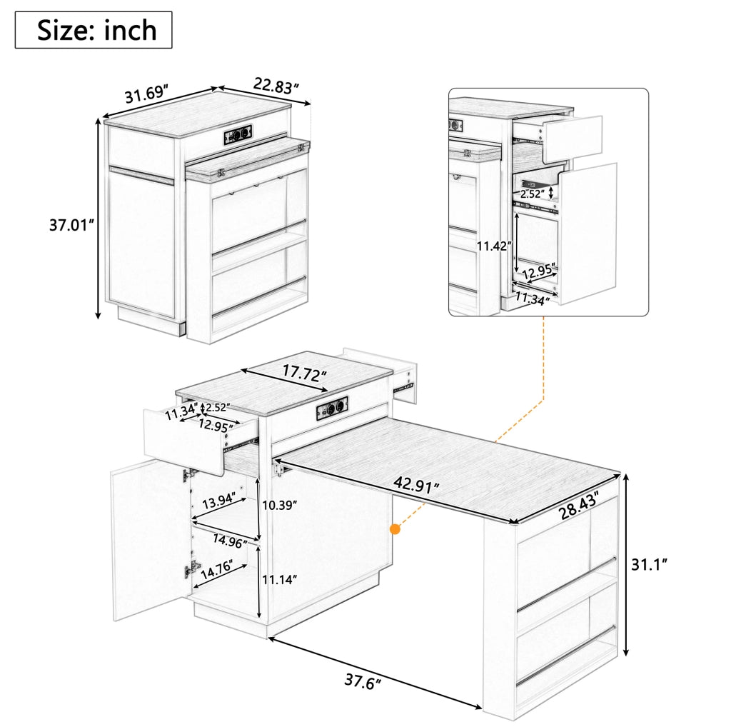 Isola cucina ULEVR estensibile 58-154x80,5x94 cm con LED, ricarica USB/Type-C, cassetti e ripiani, naturale