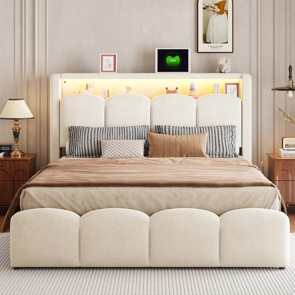 Letto matrimoniale imbottito ULEVR 140x200 cm con contenitore idraulico, LED, USB e Type-C, velluto beige