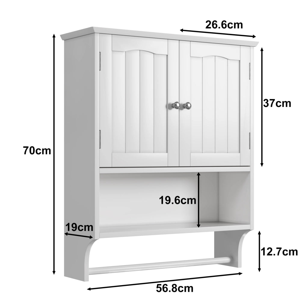 Mobiletto bagno bianco da parete con portasciugamani, 2 ripiani regolabili, 56,8x19x70 cm