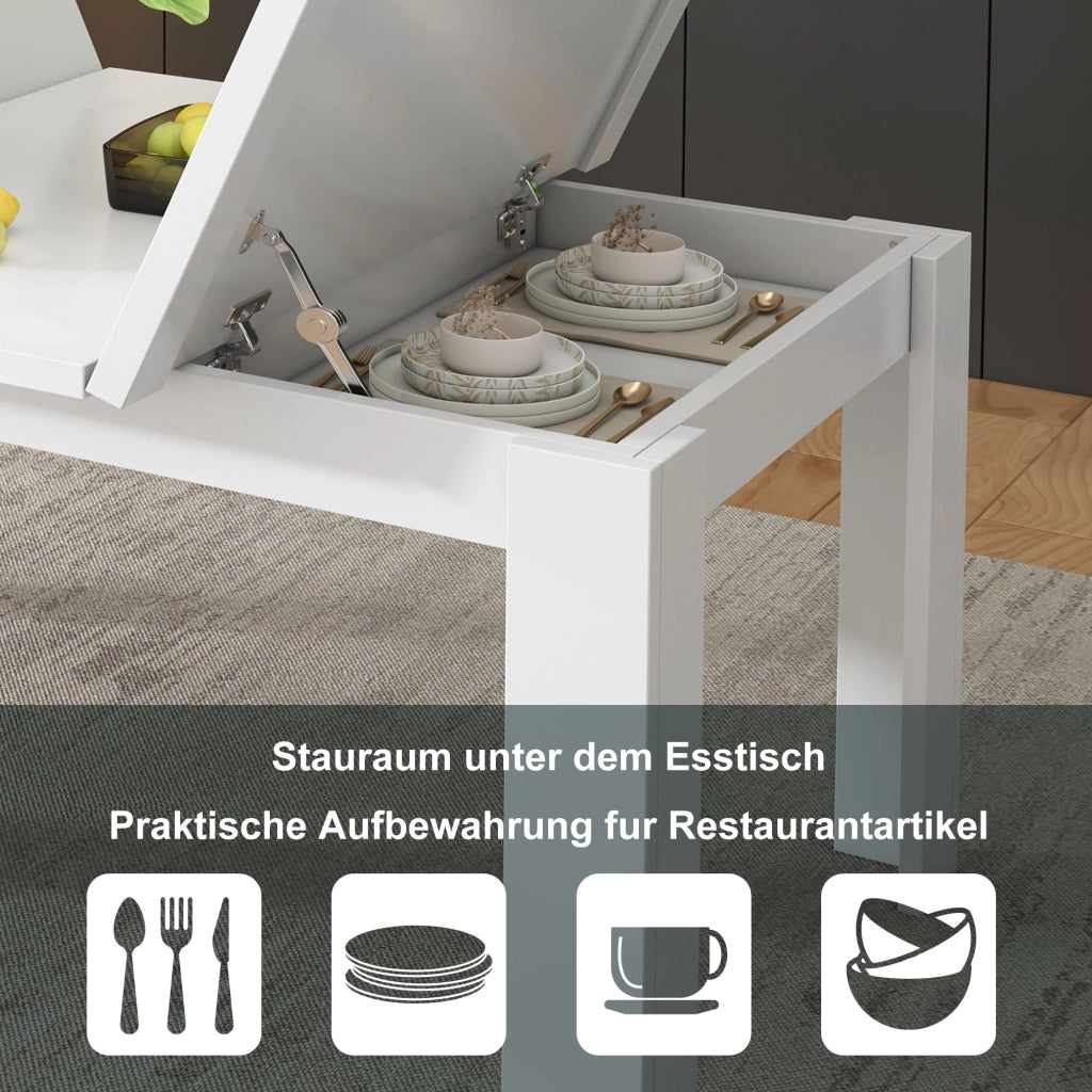 TAVOLO da pranzo 120x70 cm con vano portaoggetti nascosto MDF Bianco