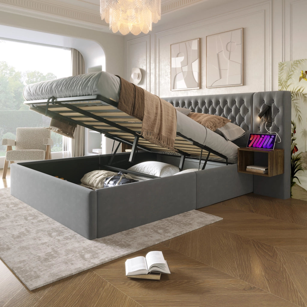 Letto matrimoniale 160 ¡Á 200 cm con contenitore idraulico in velluto grigio con materasso comodini e luci