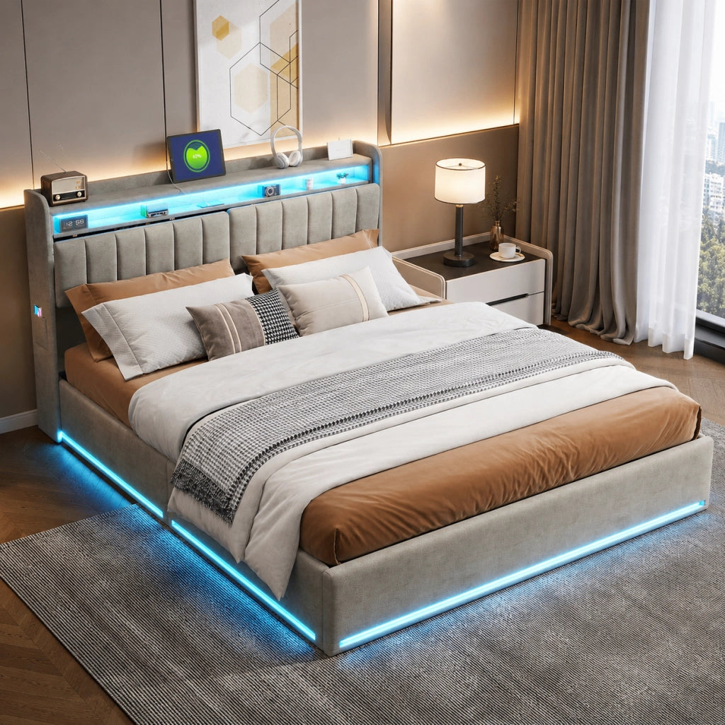 Letto matrimoniale con contenitore idraulico 140x200 cm, velluto grigio, testiera con vani, LED RGB, porte USB‑C e USB