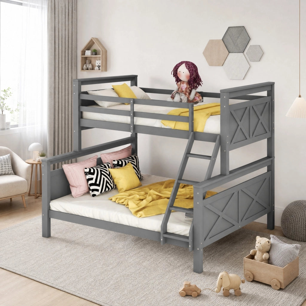 Letto a castello convertibile in due letti in legno di pino e MDF grigio con scala inclinata e sponde