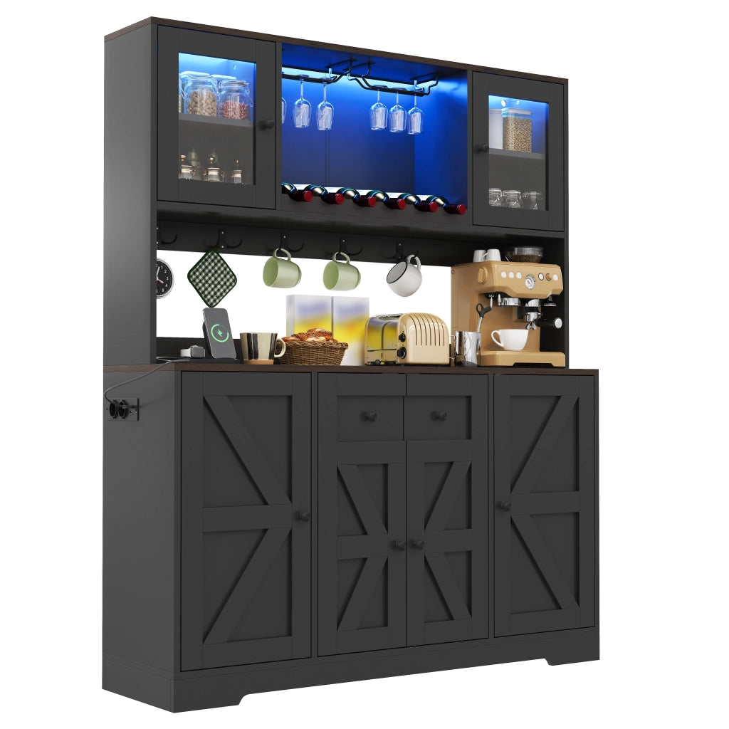 Armadio da cucina alto 140x40x173 cm con ante in vetro acrilico, illuminazione LED e prese elettriche. Dispensa con portabottiglie e calici per soggiorno e sala da pranzo