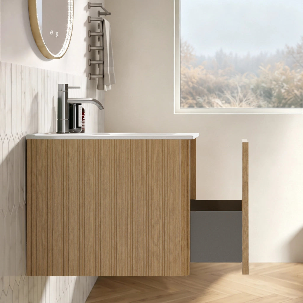 Mobile da bagno con lavabo integrato e specchio LED - per bagno - in MDF - rovere