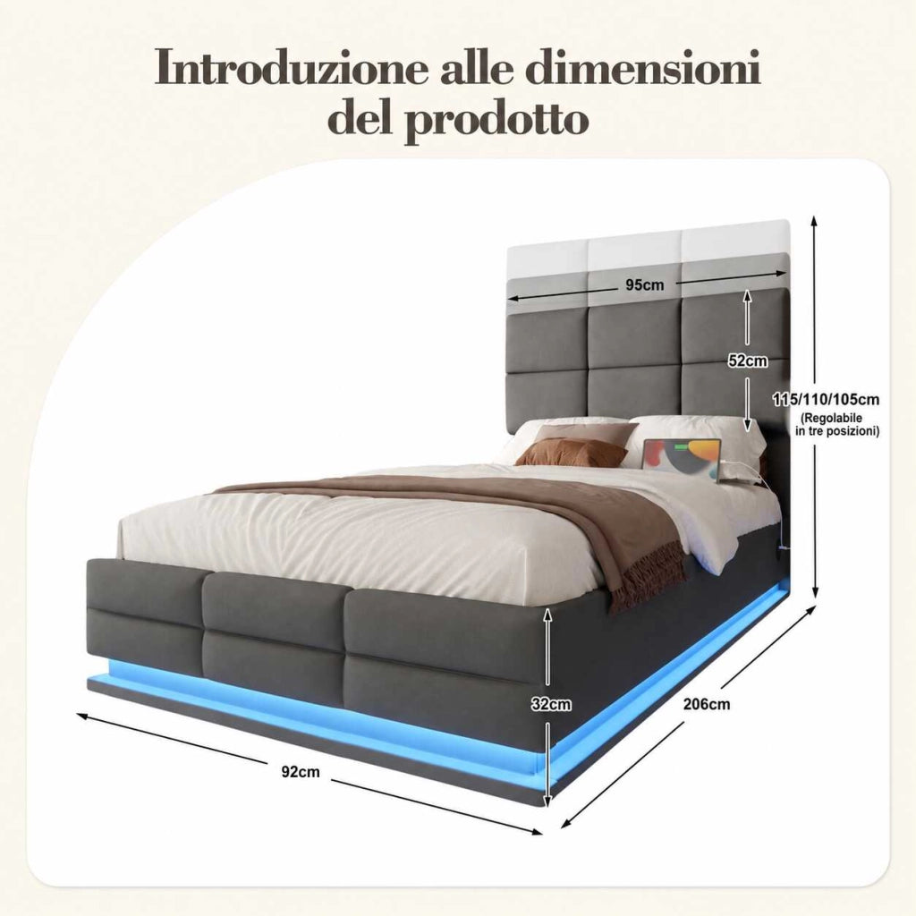 Letto contenitore singolo 90x200 cm in velluto grigio scuro con testiera regolabile; LED; USB e USB-C