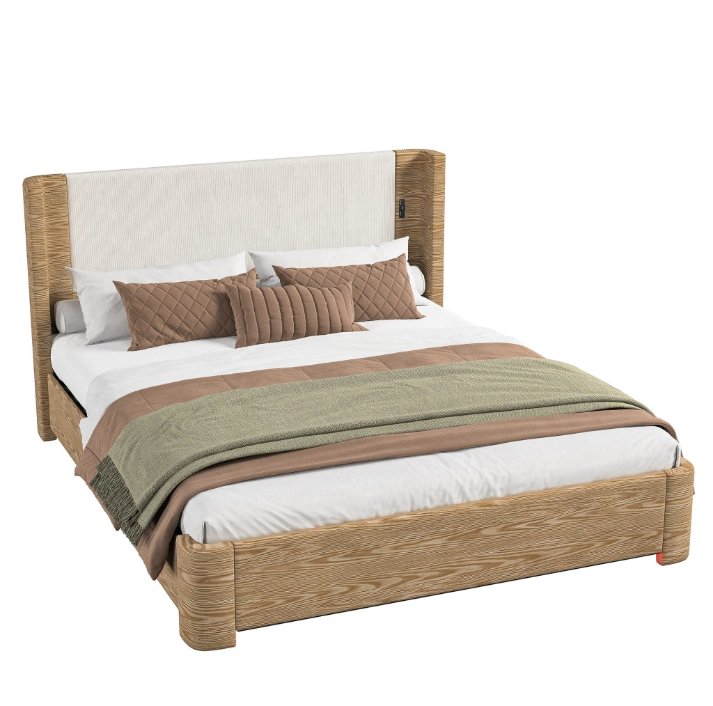 Letto matrimoniale 180x200 cm beige con contenitore e LED, struttura in legno , senza materasso