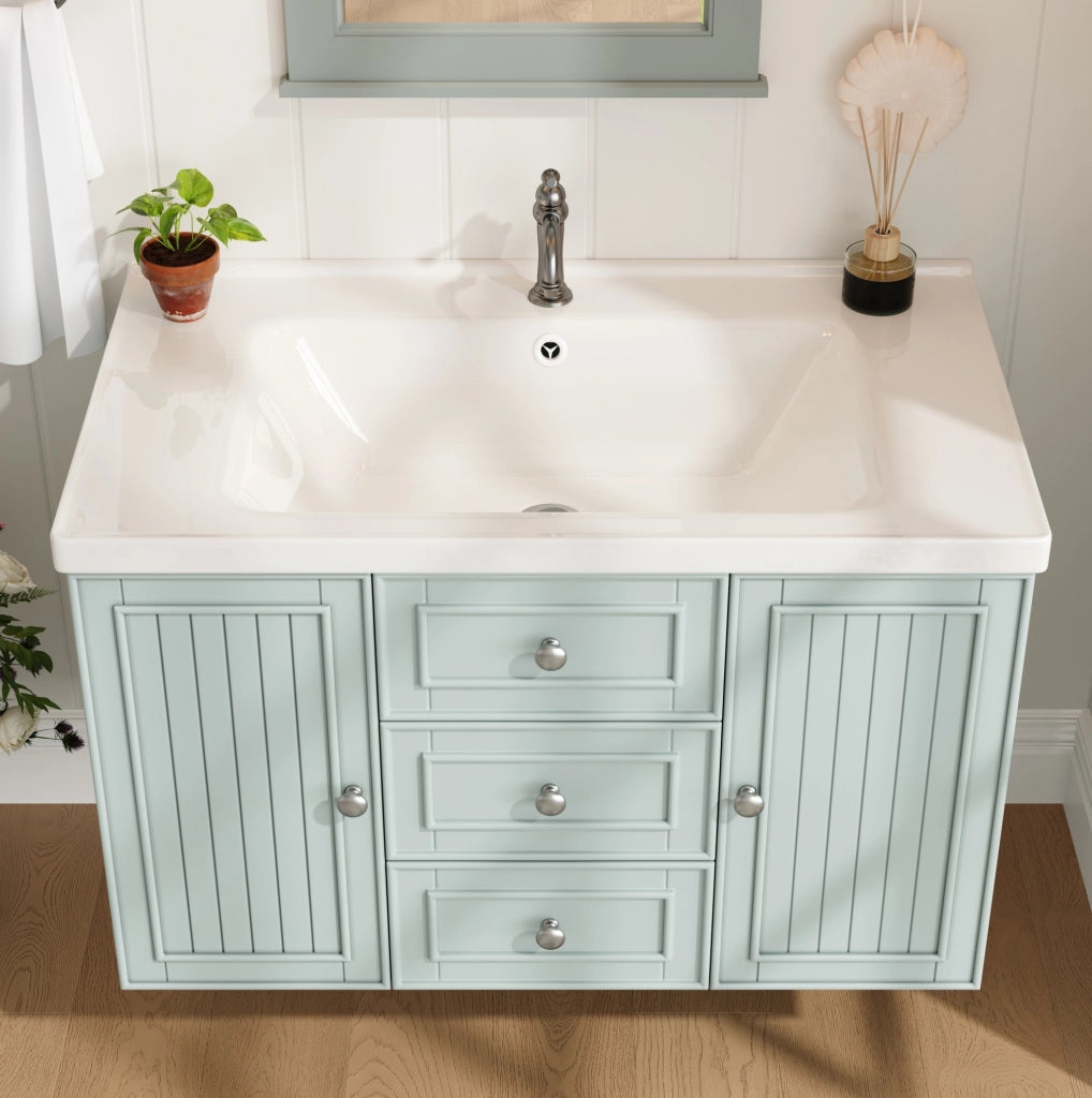Mobile sottolavabo sospeso 78,5x46x46,8 cm verde in MDF con lavabo e 3 cassetti