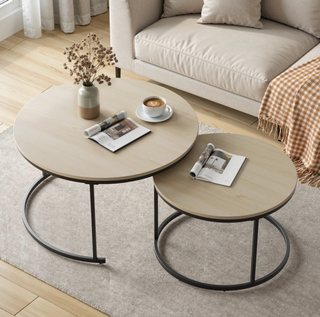 Set 2 tavolini da caffè rotondi impilabili ?80/60 cm; truciolare e ferro; colore rovere